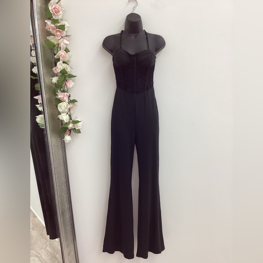 Catalina black sheer floral lace bustier wide leg jumpsuit romper